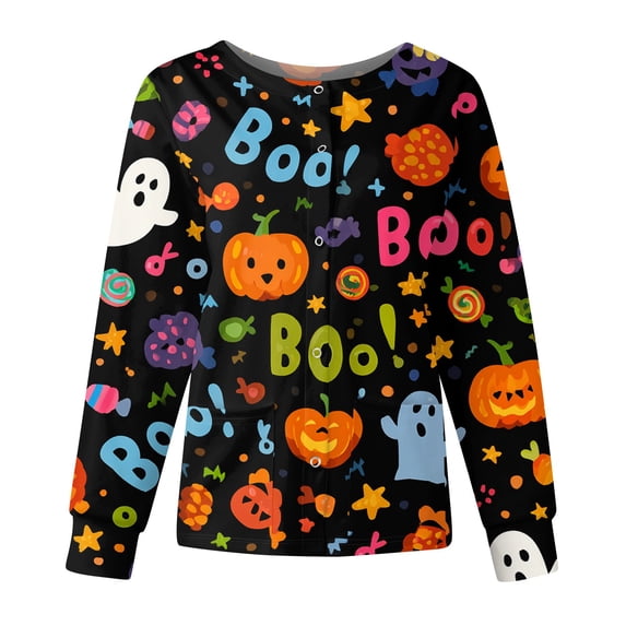 Garbnen S-5XL Halloween Scrub Jackets for Women Funny Pumpkin Ghost Spider Web Nurse Uniform Snap Front Fall Women Workwear with Pocket XXL