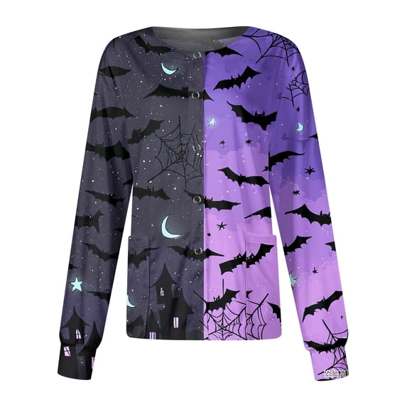 Garbnen S-5XL Halloween Scrub Jackets for Women Pumpkin Ghost Candy Nurses Uniform Snap Front Fall Womens Work Clothes with Pocket XL