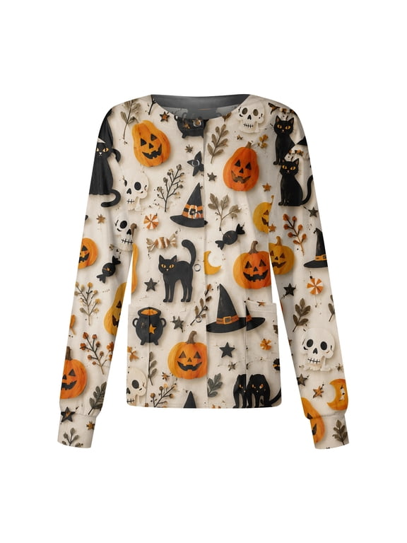 S-5XL Halloween Scrubs Jacket for Women Funny Ghost Pumpkin Moon Nurse Uniform Snap Front Fall Workwear Tops for Women with Pocket Beige XL