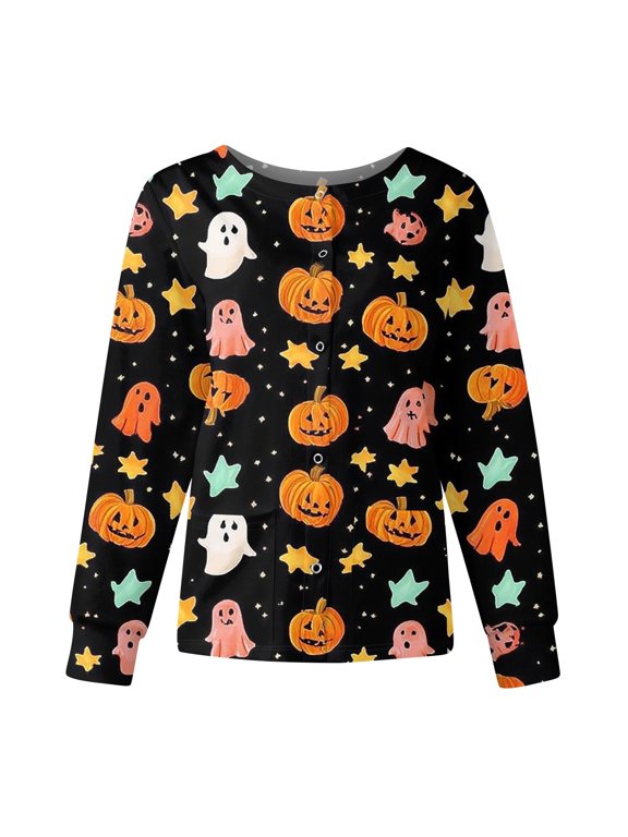S-5XL Halloween Women Scrub Jacket Funny Ghost Pumpkin Witch Nurses Uniforms for Women Snap Front Fall Workwear Women with Pocket L