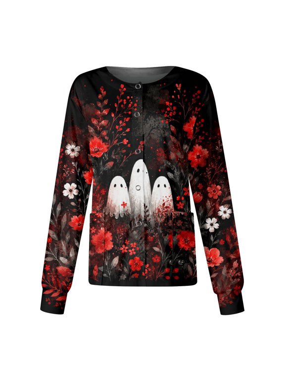 S-5XL Halloween Women Scrub Jacket Funny Pumpkin Ghost Witch Nurses Uniforms for Women Snap Front Fall Workwear Women with Pocket Red L