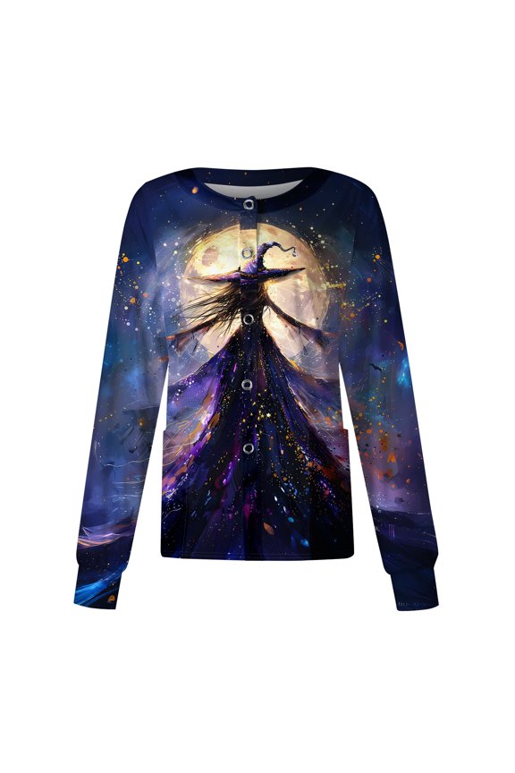 S-5XL Halloween Women Scrub Jacket Witch Graphic Nurse Uniform Pumpkin Ghost Snap Front Fall Workwear Women with Pocket Purple 4XL