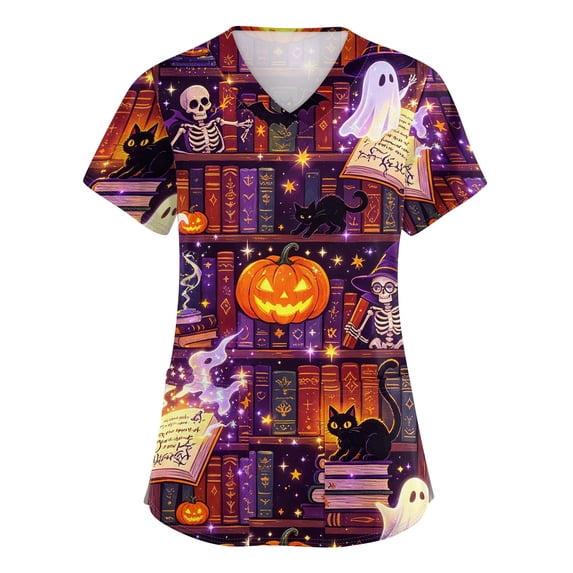 Garbnen S-5XL Halloween Women Scrub Tops Ghost Pumpkin Witch Nursing Uniforms Stretch Plus Size Fall Women's Workwear with Pockets Yellow 4XL