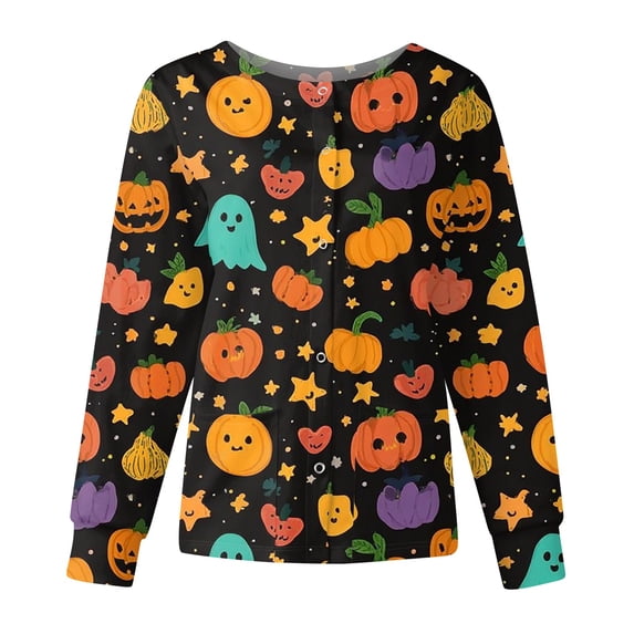 Garbnen S-5XL Halloween Women's Medical Scrub Jackets Ghost Pumpkin Moon Nursing Uniforms Snap Front Fall Workwear for Nurses with Pocket XXXL