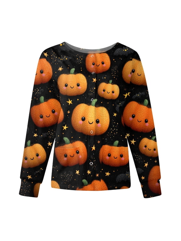 S-5XL Halloween Women's Medical Scrub Jackets Pumpkin Ghost Witch Nurse Uniform Snap Front Fall Workwear for Nurses with Pocket 4XL