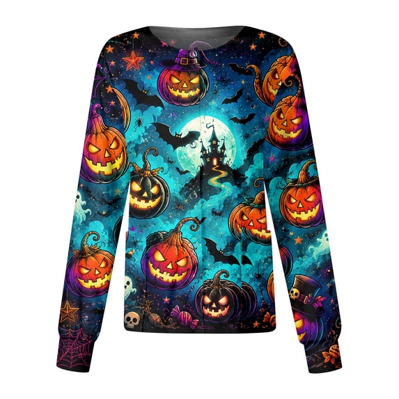 Garbnen S-5XL Halloween Women's Scrub Jacket Funny Pumpkin Ghost Cat Nurses Uniforms Scrubs for Women Snap Front Fall Women Workwear with Pocket Yellow XXXL