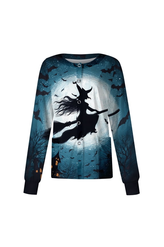 S-5XL Halloween Women's Scrub Jacket Witch Print Nurses Uniform Ghost Pumpkin Snap Front Fall Womens Tops Workwear with Pocket M