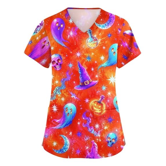 Garbnen S-5XL Halloween Womens Scrubs Tops Funny Ghost Witch Nursing Uniforms Stretch Plus Size Fall Workwear Tops for Women with Pockets Red S