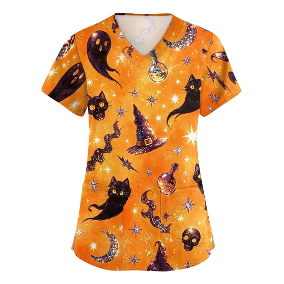Garbnen S-5XL Halloween Womens Scrubs Tops Ghost Pumpkin Spider Web Nurse Uniform Stretch Plus Size Fall Workwear Women with Pockets M