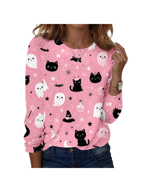 S-5XL Long Sleeve Halloween Shirts for Women Pumpkin Ghost Spider Web Womens Graphic T Shirts Oversized Holiday Pullover Tops for Women XL