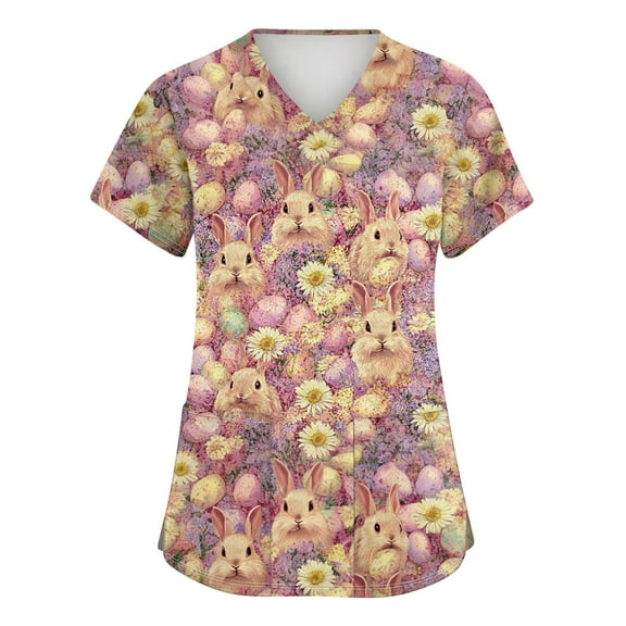 Garbnen S-5XL Plus Size Easter Scrub Tops V Neck Short Sleeve Women Work Shirts Rabbit Hunt Print Nursing Uniforms for Women Stretch with Pockets
