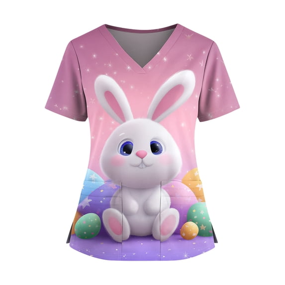 Garbnen S-5XL Scrub Top for Women Easter Bunny Print Rabbit Nursing Uniforms Short Sleeve V Neck Summer Holiday Women Work Tops with Pocket