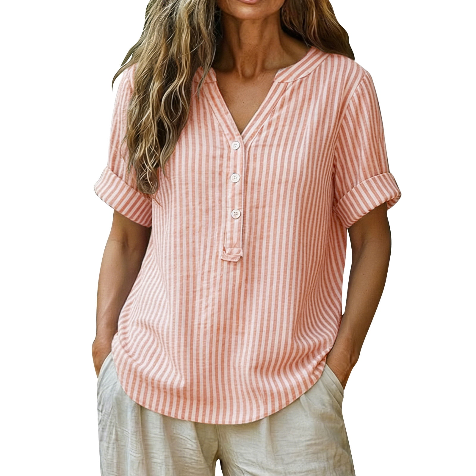 Garbnen S-5XL Striped Linen Shirts for Women Roll Up V Neck Henley ...