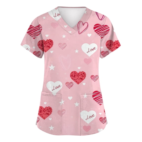 Garbnen S-5XL Valentines Day Scrub Tops Short Sleeve V Neck Heart Graphic Nursing Scrubs for Women with Pocket Stretch Work Shirt Women