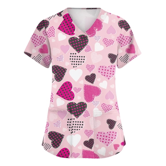 Garbnen S-5XL Valentines Day Scrub Tops Women Short Sleeve V Neck Heart Graphic Scrubs Women with Pocket Stretch Women Work Shirts