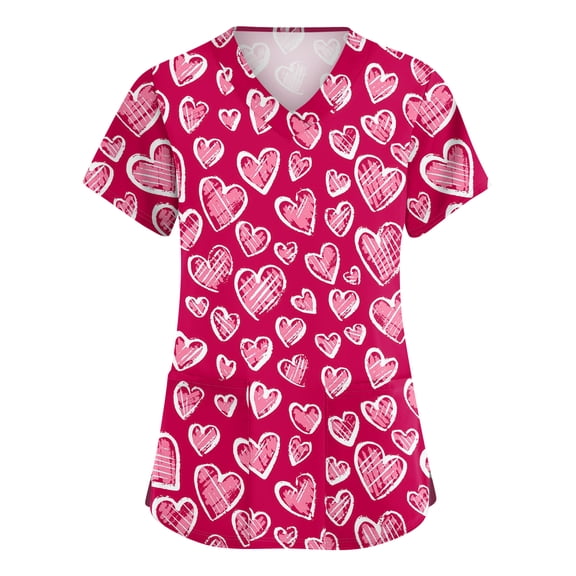 Garbnen S-5XL Valentines Scrub Tops Women Short Sleeve V Neck Love Print Nurse Uniform with Pocket Stretch Women Work Shirts