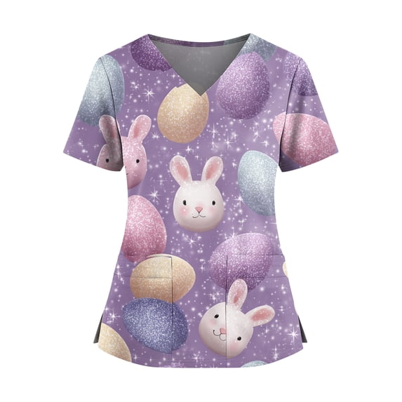 Garbnen S-5XL Women's Scrubs Tops Easter Bunny Print Rabbit Nursing Uniforms Spring Short Sleeve V Neck Holiday Women's Work Shirts with Pocket