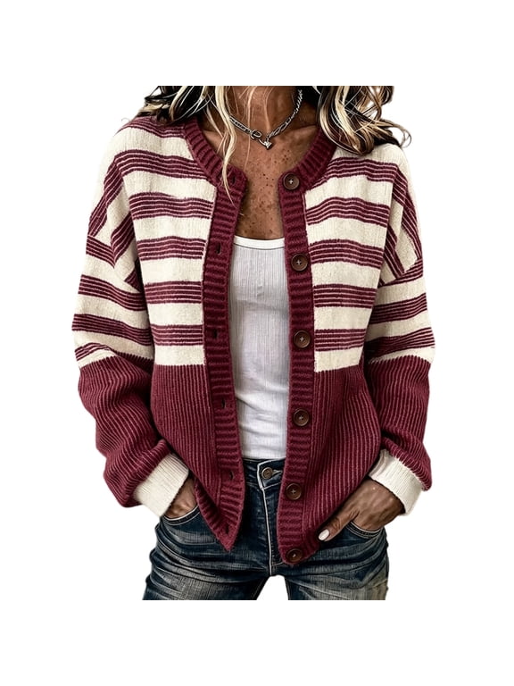 S-5xl Cardigan Sweaters for Women Striped Long Sleeve Open Front Lightweight Cardigan Button Crew Neck Fashion Fall Winter Outwear Wine Cardigan for Women Knit Coat S