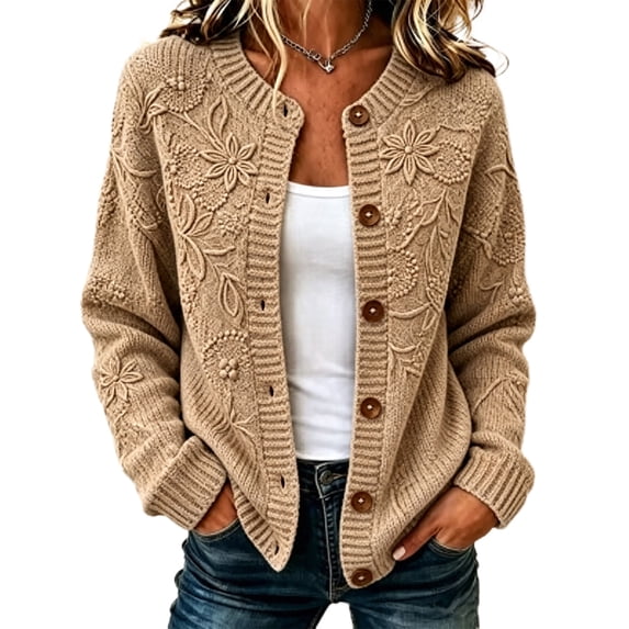 Garbnen S-5xl Sweater Cardigan Women Long Sleeve Open Front Lightweight Cardigans for Women Button Up Crew Neck Fashion Fall Winter Outwear Khaki Cardigans for Women Knit Jacket Women 4XL
