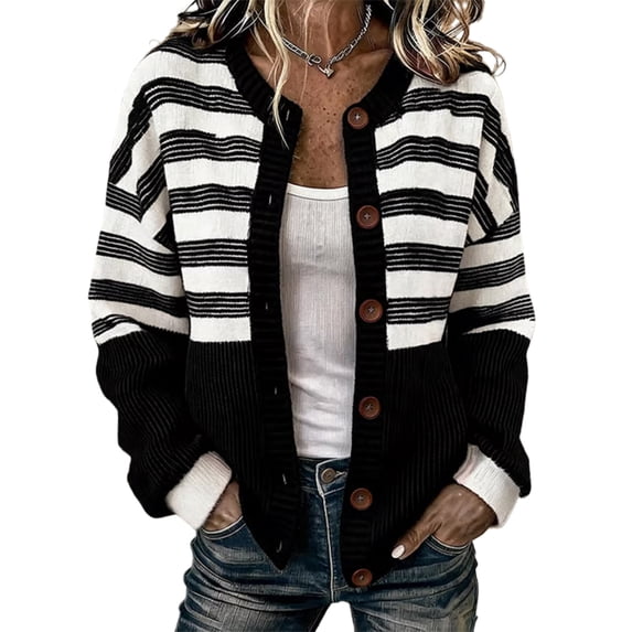 Garbnen S-5xl Sweater Cardigan Women Striped Long Sleeve Open Front Cardigan Lightweight Button Crew Neck Dressy Fall Winter Outwear Black Cardigans for Women Knit Jacket L