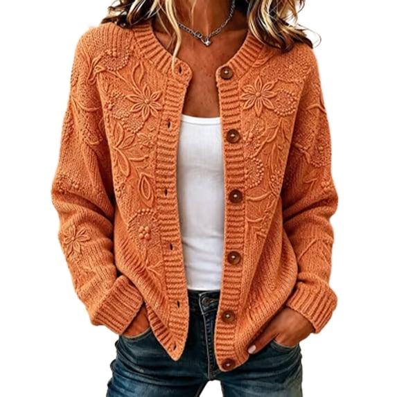 Garbnen S-5xl Women Cardigan Sweater Long Sleeve Open Front Womens Cardigans Lightweight Button Up Crew Neck Trendy Fall Winter Outwear Orange Cardigan for Women Knit Jacket M