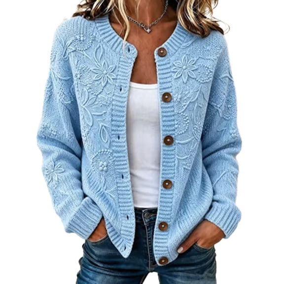 Garbnen S-5xl Women Sweaters Cardigan Long Sleeve Open Front Womens Cardigans Lightweight Button Up Crew Neck Trendy Fall Winter Outwear Blue Cardigans for Women Knit Jacket Women 5XL