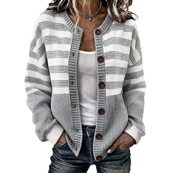 Garbnen S-5xl Women Sweaters Cardigan Striped Long Sleeve Open Front Womens Cardigans Lightweight Button Crew Neck Trendy Fall Winter Outwear Gray Cardigan for Women Knit Jacket Women 4XL