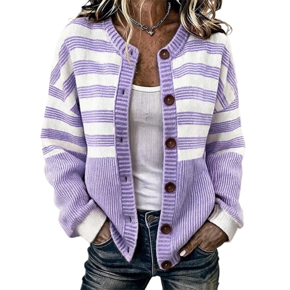 Garbnen S-5xl Women's Cardigan Sweaters Striped Long Sleeve Open Front Women Cardigans Lightweight Button Crew Neck Fashion Fall Winter Outwear Purple Cardigan for Women Knit Jacket Women XL