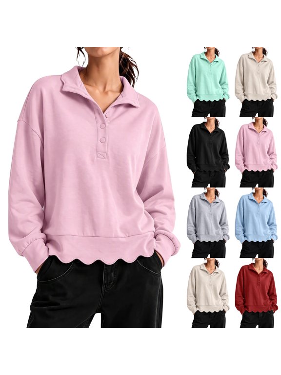 Scalloped Hem Collared Women's Sweatshirts Button Long Sleeve Drop Shoulder Pullover Sweatshirt Plain Soft Warm Fall Layering Women's Pullover Sweaters
