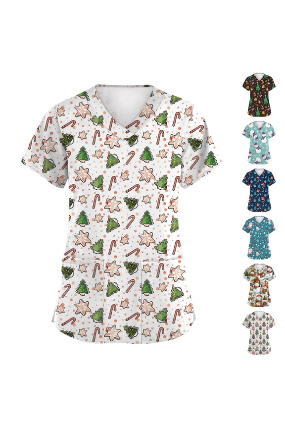 Scrub Top Women Merry Christmas Women Scrub Tops Short Sleeve V Neck Navidad Print Nurse Uniform with Pockets