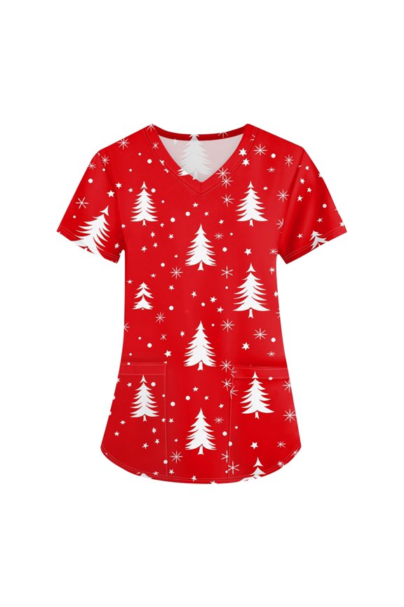 Scrub Tops Christmas Nurse Women Funny Xmas Printed V Neck Short Sleeve Fall Scrubs Top for Women Nurse Uniforms with Pocket S-5XL