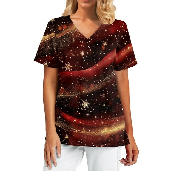 Garbnen Scrub Tops Christmas Nurse Women Funny Xmas Printed V Neck Short Sleeve Fall Womens Scrub Top Nursing Uniform with Pocket S-5XL