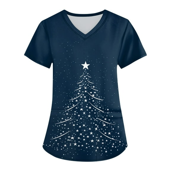 Garbnen Scrub Tops Christmas Nurse Women Funny Xmas Printed V Neck Short Sleeve Fall Womens Scrub Tops Nurse Uniform with Pocket S-5XL