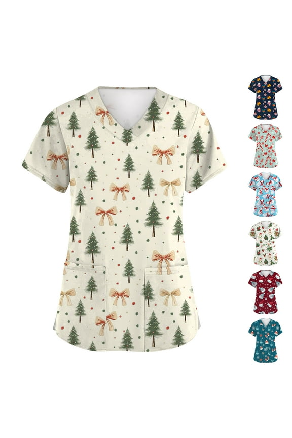 Scrub Tops Christmas Womens Scrub Tops Stretchy Short Sleeve V Neck Navidad Print Nurse Uniform with Pockets