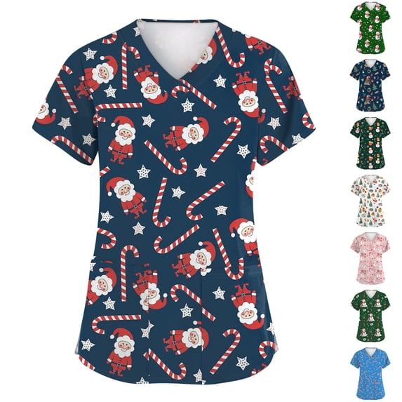 Garbnen Scrub Tops Women Christmas Scrubs Top for Women Short Sleeve V Neck Xmas Print Nurses Working Uniforms with Pockets
