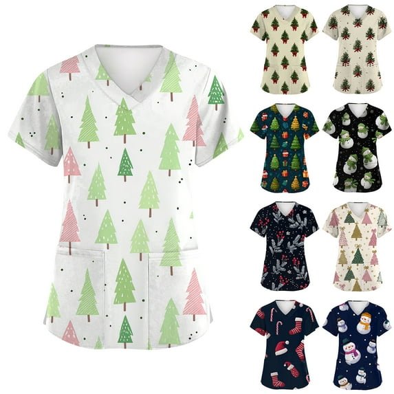 Garbnen Scrub Tops Women Stretchy Merry Christmas Scrubs for Women Tops Short Sleeve V Neck Snowman Print Nurses Working Uniforms with Pockets