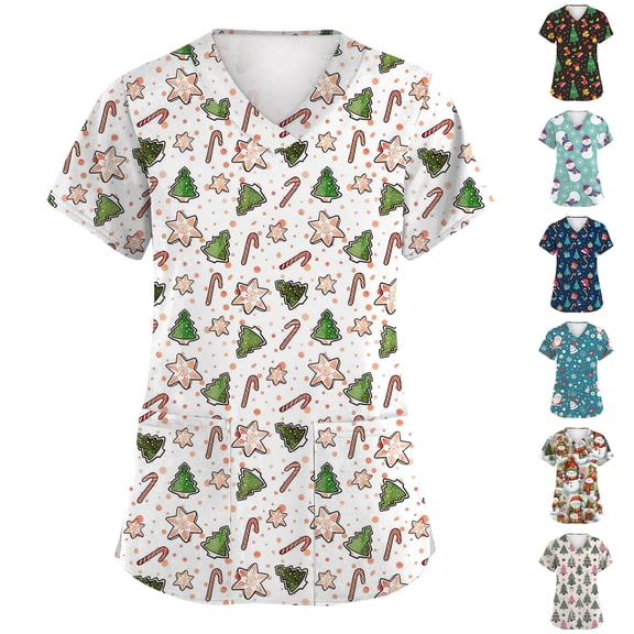 Garbnen Scrub Tops for Women Fitted Christmas Womens Scrubs Tops Short Sleeve V Neck Snowman Print Nurses Working Uniforms with Pockets