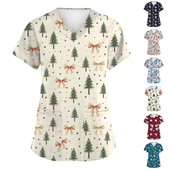 Garbnen Scrub Tops for Women Merry Christmas Scrubs for Women Short Sleeve V Neck Santa Claus Print Nurse Uniforms with Pockets