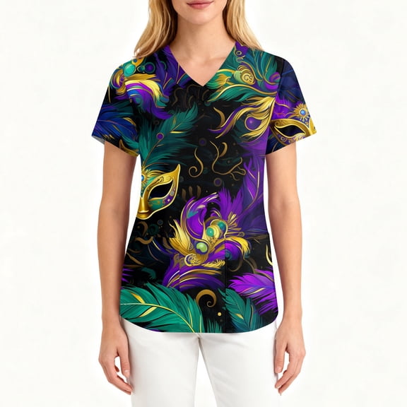 Garbnen Scrubs Top Mardi Gras Stretch V Neck Short Sleeve Workwear Nurse Uniforms with Pocket Carnival Fat Tuesday Top Shirts for Women S-5xl
