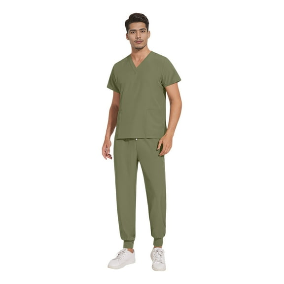 Garbnen Scrubs for Men Set Stretch V-Neck Scrubs Tops & Cargo Pants Nurse Working Uniforms with Pockets