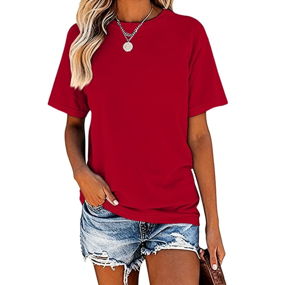 Garbnen Short Sleeve Shirts for Women Casual Crew Neck Tshirts for Women Basic Solid Color Lightweight Trendy Women Tunic Tops Red XL