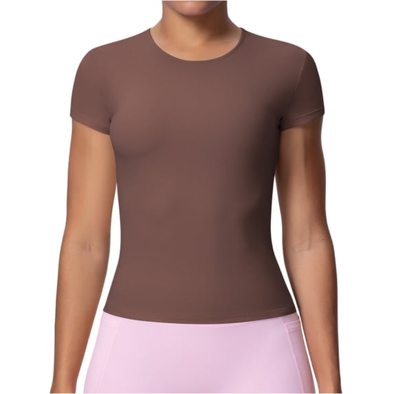 Garbnen Short Sleeve Shirts for Women Slim Fit Crew Neck Tops for Women Basic Seamless Yoga Workout Tops for Women Brown L