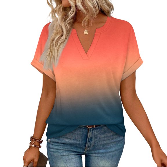 Garbnen Short Sleeve Shirts for Women Spring Summer Gradient V Neck T Shirts for Women Vacation Loose Trendy Blouses for Women