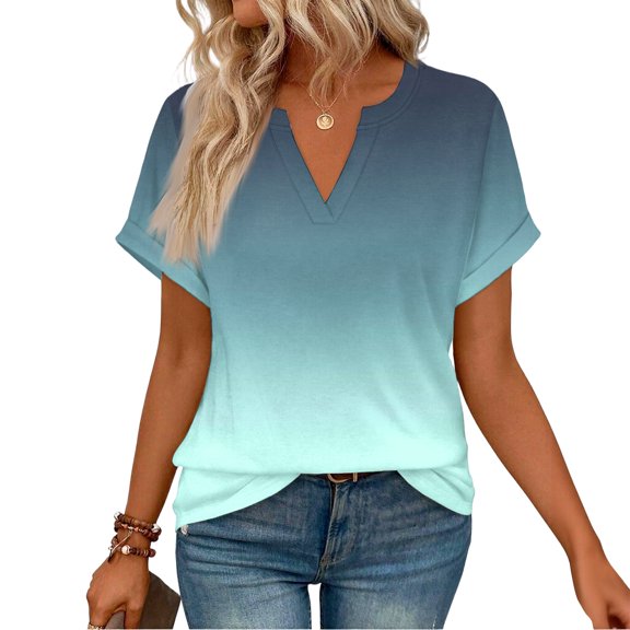 Garbnen Short Sleeve Shirts for Women Spring Summer Gradient Womens V Neck Tops Vacation Loose Trendy Womens Blouses