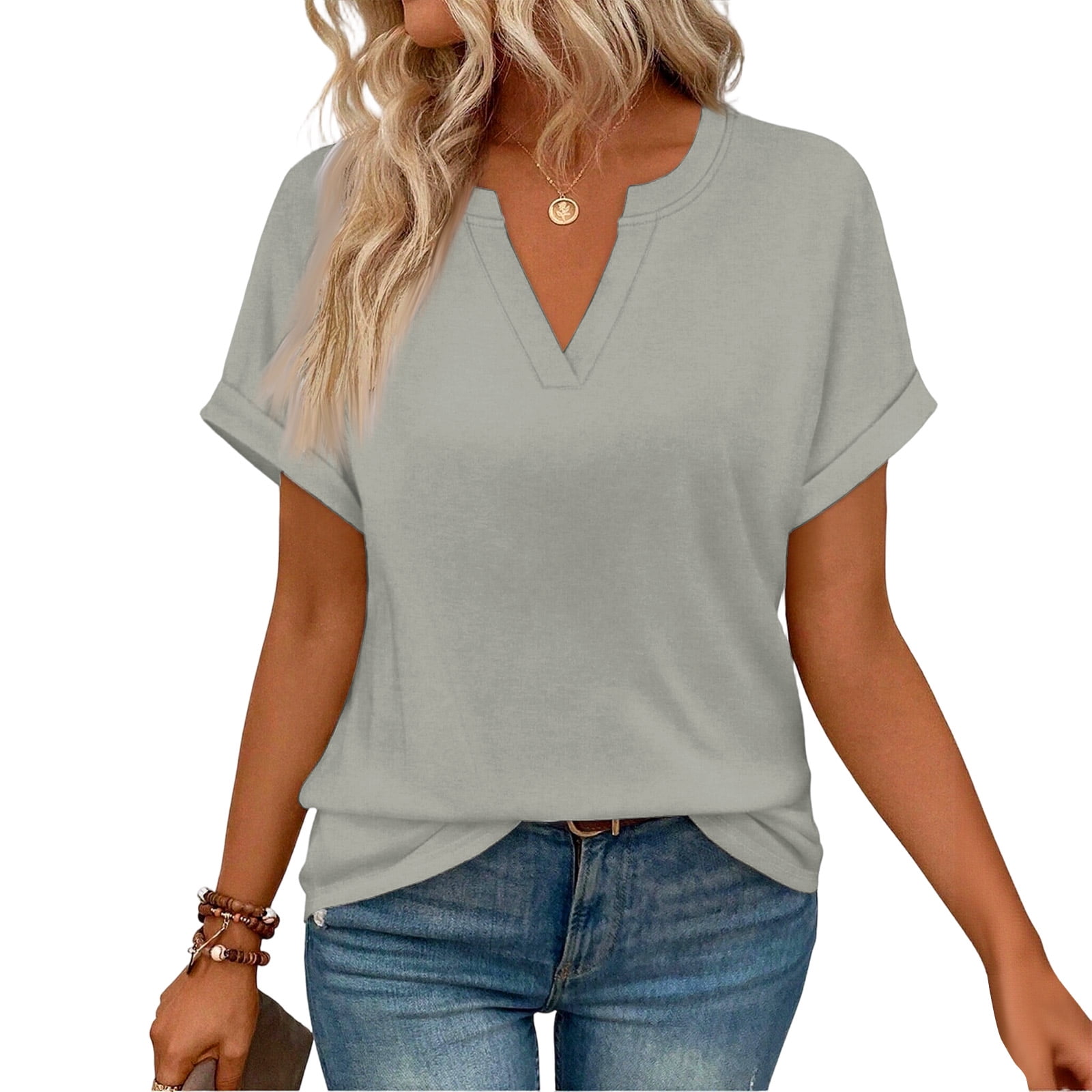 Garbnen Short Sleeve T Shirts for Women Gray Spring Summer Women V Neck ...
