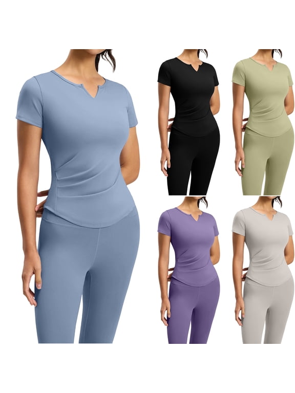 Short Sleeve T Shirts for Women Quick Dry Fitted Women V Neck T Shirt Basic Casual Yoga Athletic Sports Tunic Tops Blue M