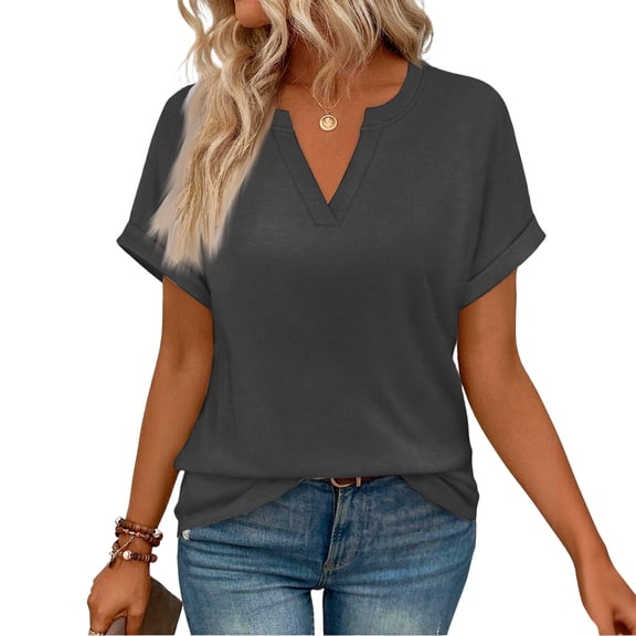 Garbnen Short Sleeve T Shirts for Women Spring Summer Black V Neck Shirts for Women Dressy Casual Basic Tunic Tops for Women
