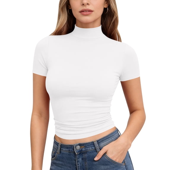 Garbnen Short Sleeve Undershirts for Women Mock Neck Fitted Basic Crop Tops Solid Color Lightweight Dressy Women Tunic White XL