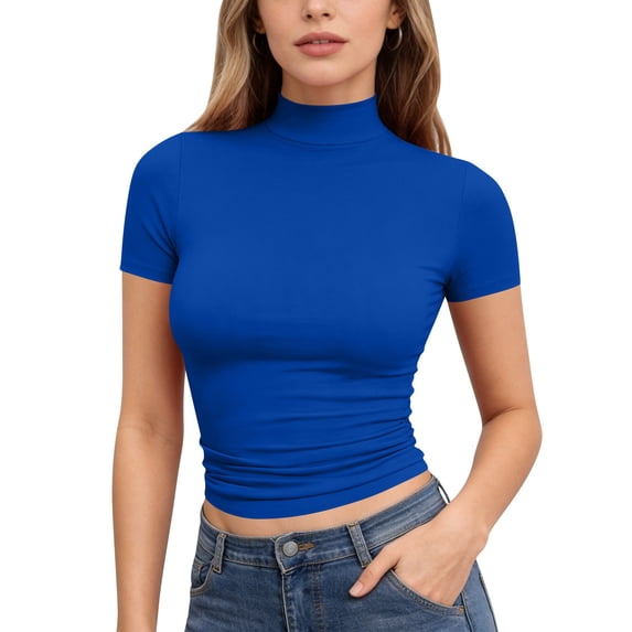 Garbnen Short Sleeve Undershirts for Women Mock Neck Fitted Basic Women's Crop Top Stretch Lightweight Dressy Women's Tunics Blue L