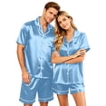 thumbnail image 1 of Garbnen Silk Couples Pajamas Matching Sets 2 Piece Short Sleeve Button Down Sleepwear Pjs Shorts Set Comfy Mens Loungewear Set Blue L, 1 of 8